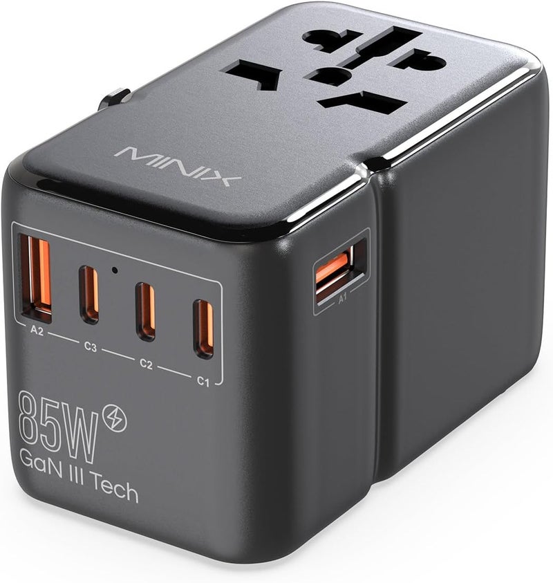 Minix 85W Universal Travel Adapter, GaN III International Power Adapter, 3 USB-C 2 USB-A Ports, AC Outlet, Worldwide US/UK/EU/AU Travel Charger for Laptops Tablets Phones and More - Image 1